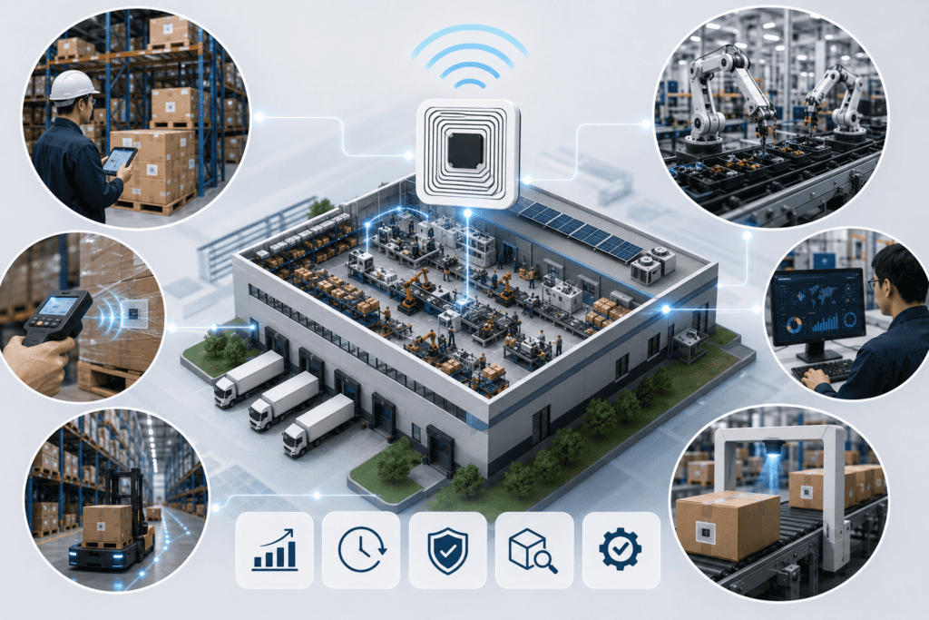 ภาพโรงงานอัจฉริยะที่ใช้ RFID ช่วยติดตามสินค้าและกระบวนการผลิตแบบเรียลไทม์