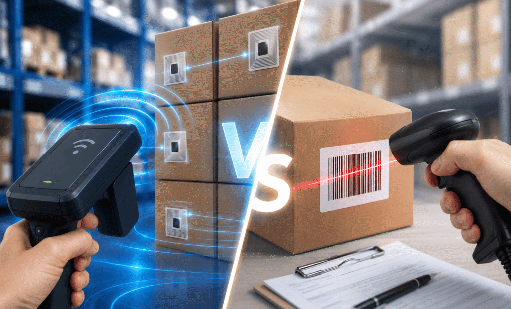 เปรียบเทียบการสแกนสินค้าในคลัง ระหว่างระบบ RFID กับ Barcode